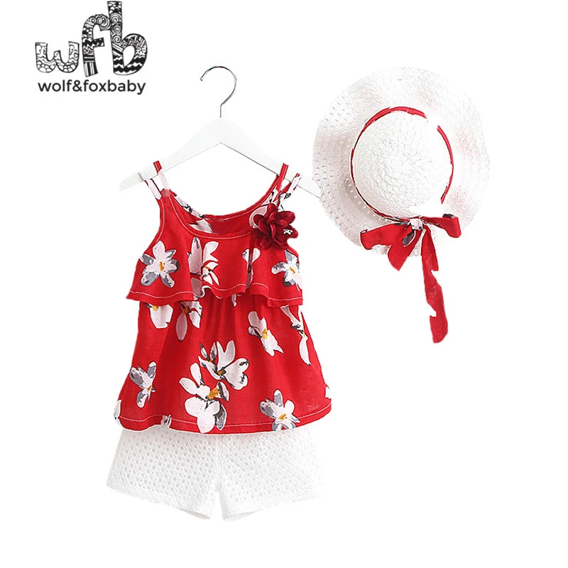 

Retail 2-8 years 3pieces/set harness printing clothes + hat + pants children summer fresh style