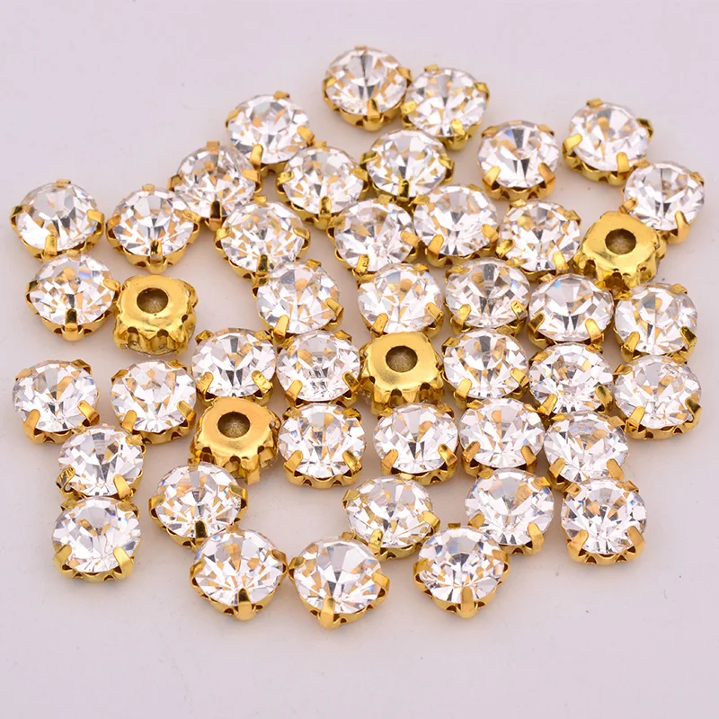 JUNAO 6 7 8 10 mm Sew On Clear Glass Crystals Gold Silver Claw Rhinestones Bridal Beads Applique Sewing Flatback Crystal Stones