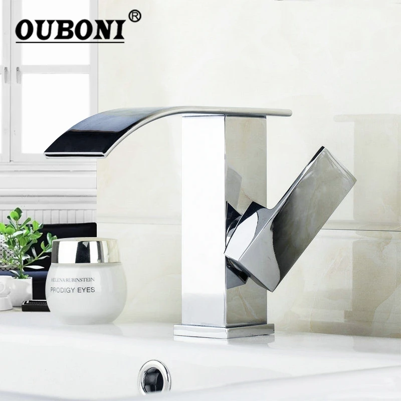 Polish Bathroom Faucet Chrome Brass Waterfall Spout Single Handle Bathroom Mixer Basin Tap Basin Faucet Flat head slim outlet