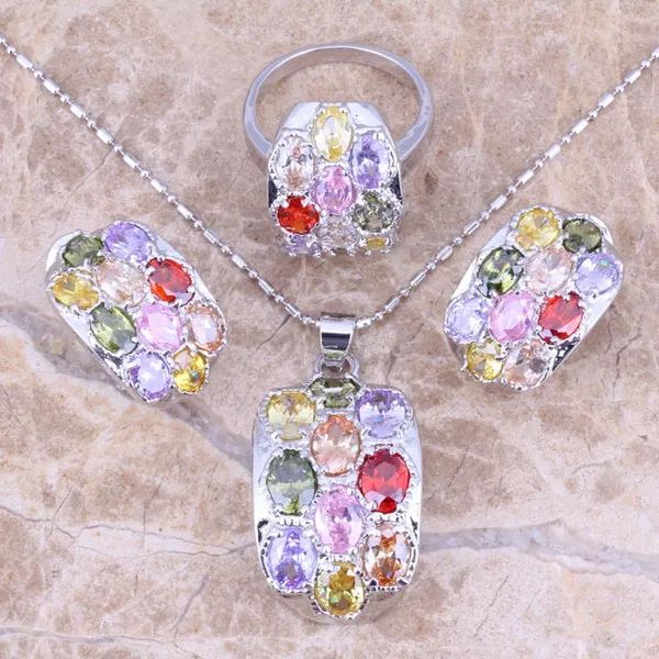 Multicolor Purple Cubic Zirconia Silver Plated Jewelry Sets Earrings Pendant Ring Size 5 / 6 / 7 / 8 / 9 / 10 S0010