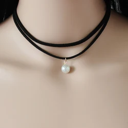 Poputton Single Imitation Bead Choker Necklace Collier Femme Double Layer Black Velvet Rope PearChokers Necklaces for Women