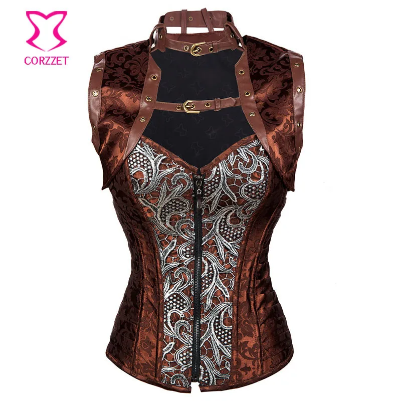 

Corzzet Brown Brocade Steel Boned Corset With Jacket Waist Slimming Zipper Plus Size Steampunk Corsets And Bustiers