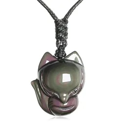 Jewelry Pendant  Fox with Chain Necklace Natural Rainbow Eyes Obsidian Stone Amulet Choker Lucky Necklace Pendant For Women/Men
