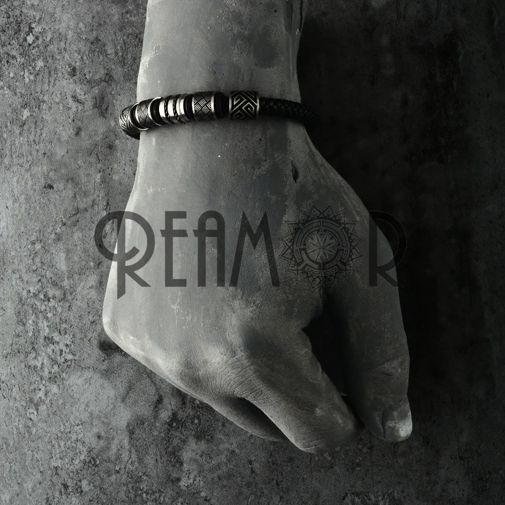 REAMOR New Men Genuine Leather Braided Bracelets & Bangles Stainless Steel Black Pattern Silver Color Beads Bracelet Jewelry
