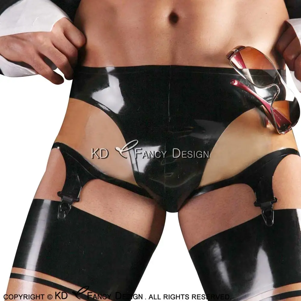 

Black And Transparent Trims Sexy Latex Panties With Garters Rubber Shorts Underpants Underwear Briefs DK-0166