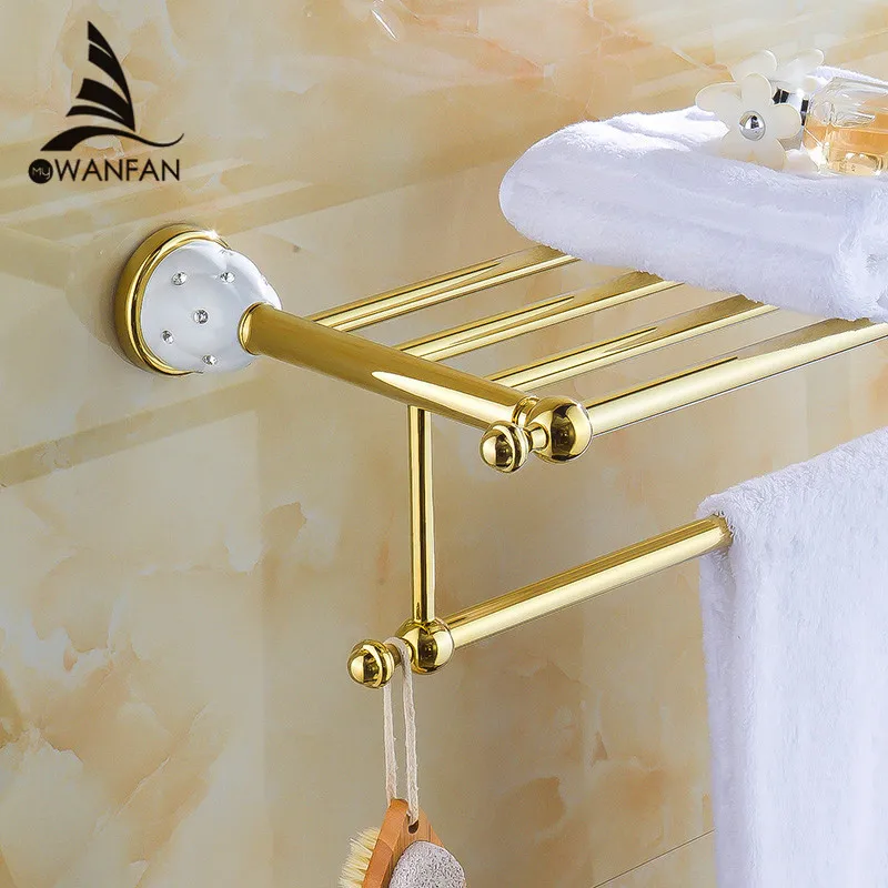 

VidricShelves 2 Tier Solid Brass Gold Towel Racks Bath Shelf Towel Holder Hanger Wall Mounted Luxury Home Deco Towel Bar 5212