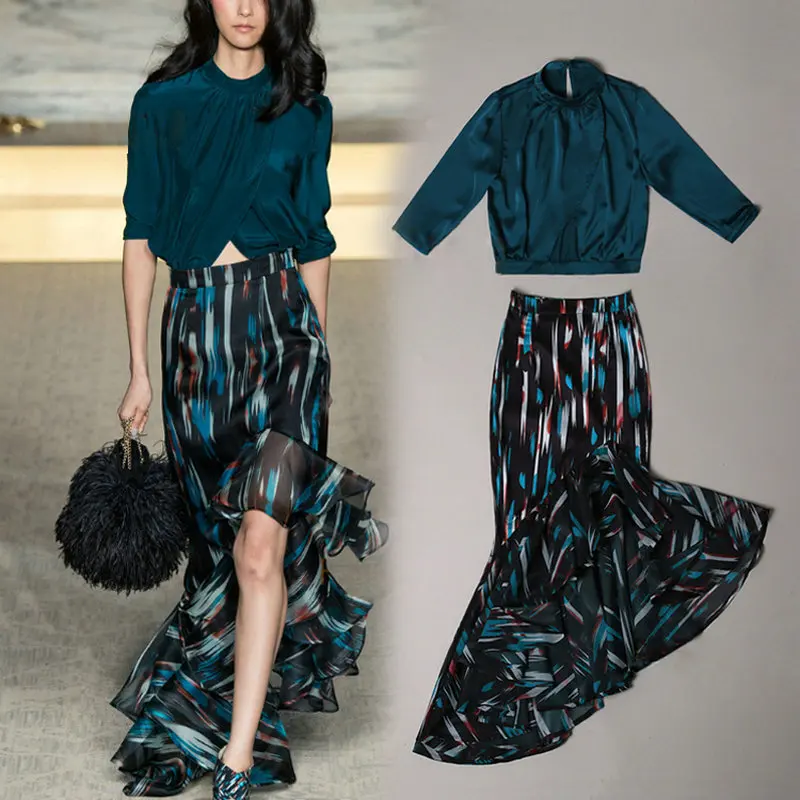 2018 Summer Women 2 Piece Set Streetwear Half Sleeve Teal-Green Top & Fishtail Skirt Women Criss-Cross Blouse & Long Skirt Suits