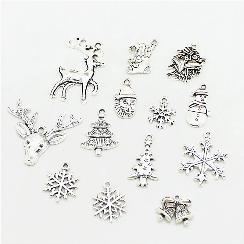 50pcs Mixed Antique   Color Christmas Boot Snowman Boot Snowflake Charms Pendants Jewelry Making Accessories DIY 0977