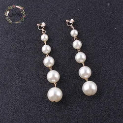 JIOFREE new design Trendy long Big Simulated Pearl  Clip on Earrings Pearls String Statement  Earrings For Wedding Party Gift
