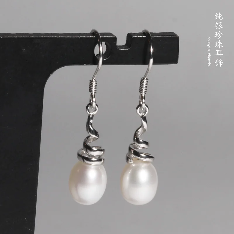 100%S925 pure silver freshwater pearls earrings Personality spiral water droplets tremella nail a undertakes