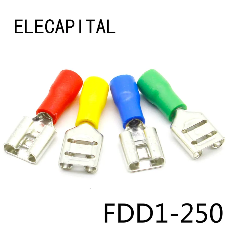 FDD1-250 Female Insulated Electrical Crimp Terminal for 22-16 AWG Connectors Cable Wire Connector 100PCS/Pack FDD1.25-250 FDD