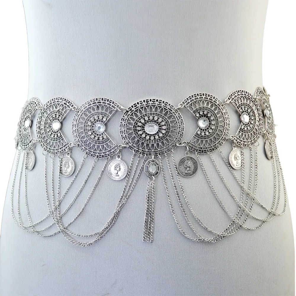 Gypsy Afghan Coin Ethnic Waist Belly Chains Hollow Moon Crystal Flower Long Tassel Moroccan Belts Indian Sexy Body Chain Jewelry