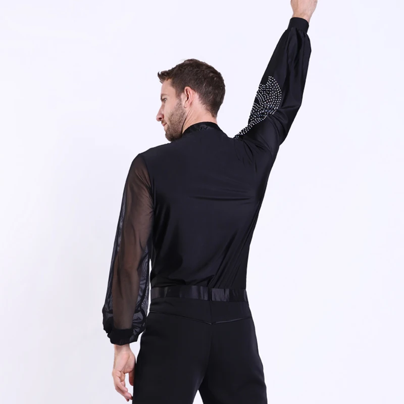 Latin Dance Shirts Men Rhinestone Net Yarn Long Sleeve Competition Men's Dance Top Cha Cha Rumba Samba Dancewear Mens DNV10992 image 5