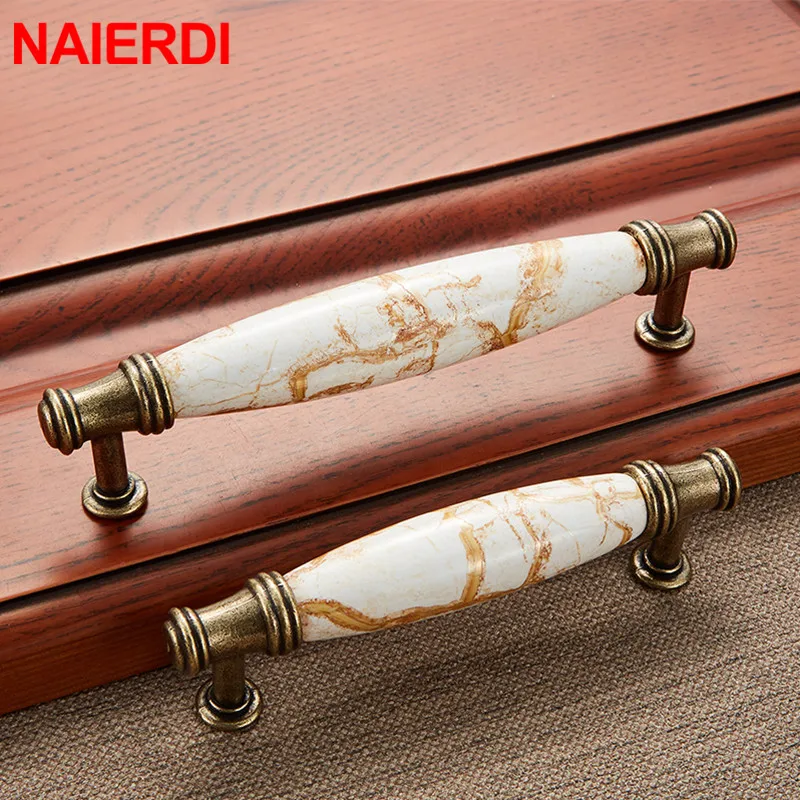 NAIERDI Antique Bronze Ceramic White Cabinet Handles Zinc Alloy Drawer knobs Wardrobe Door Handle European Furniture Hardware