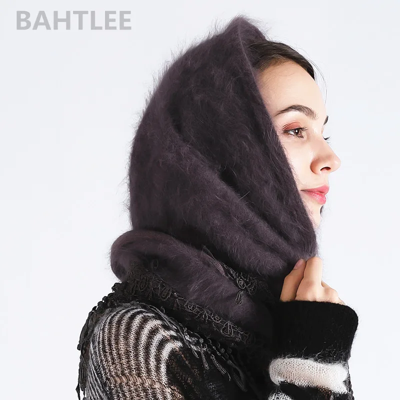 BAHTLEE-Women\'s Turban Hijab Scarf, Angora Rabbit Poncho, Triangular Shawl, Knitted Real Fur Wrap, Cloak Cape, Winter