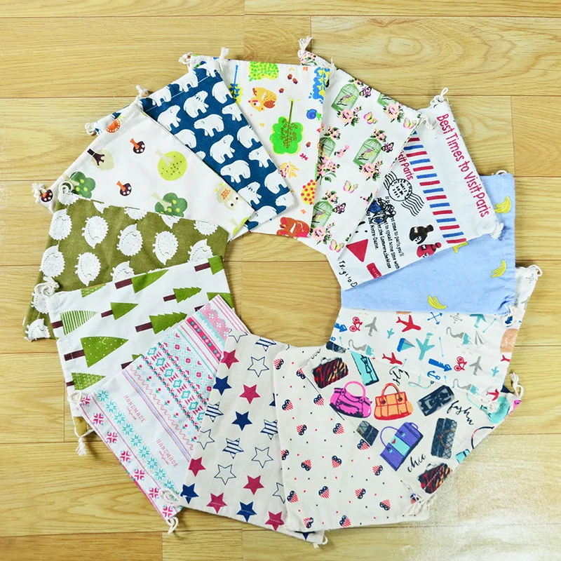 Printed cotton drawstring pockets storage bag sundry underwear travel receipt gift bags 2-2