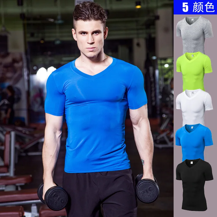 Fashion Men's Short Sleeves T-shirts V neck Tight Skin Compression Shirts for Men Fitness gyms clothing Male Body Building Tops