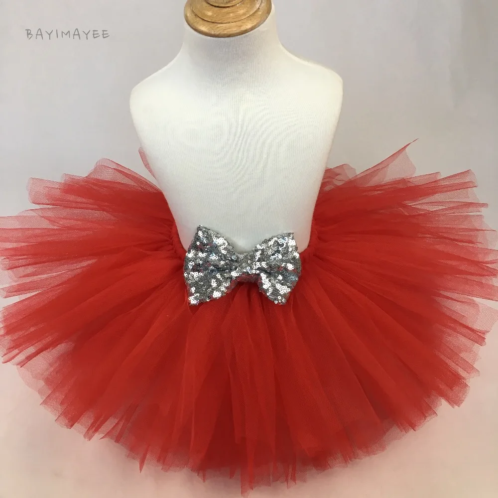 Girls Red Tutu Skirt Baby Fluffy Tulle Ballet Pettiskirts with Sequin Bow Kids Party Skirt Costume Children Dance Underskirts