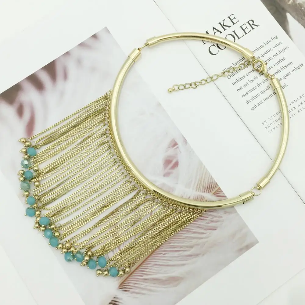 2018 Fashion Crystal Beads Pendant Choker Necklaces Women Gold Color Long Tassel Necklace Ethnic Collar Chain Luxury Jewelry