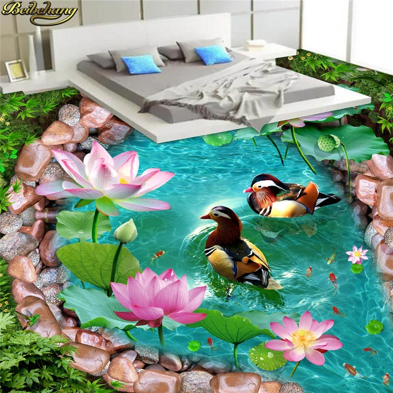 

beibehang Custom photo wallpaper floor painting to paste a Wang pool water mandarin duck lotus 3D floor papel de parede