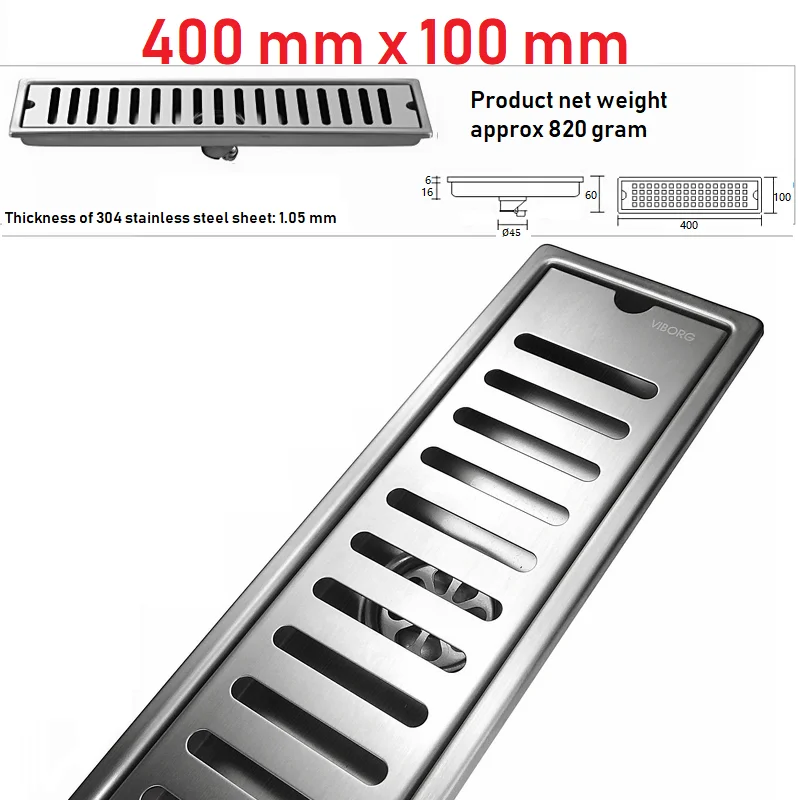 VIBORG 400mm x 100mm Deluxe 304 Stainless Steel Extra-thick Rectangular Bathroom Shower Linear Floor Drain Drainage Stainer