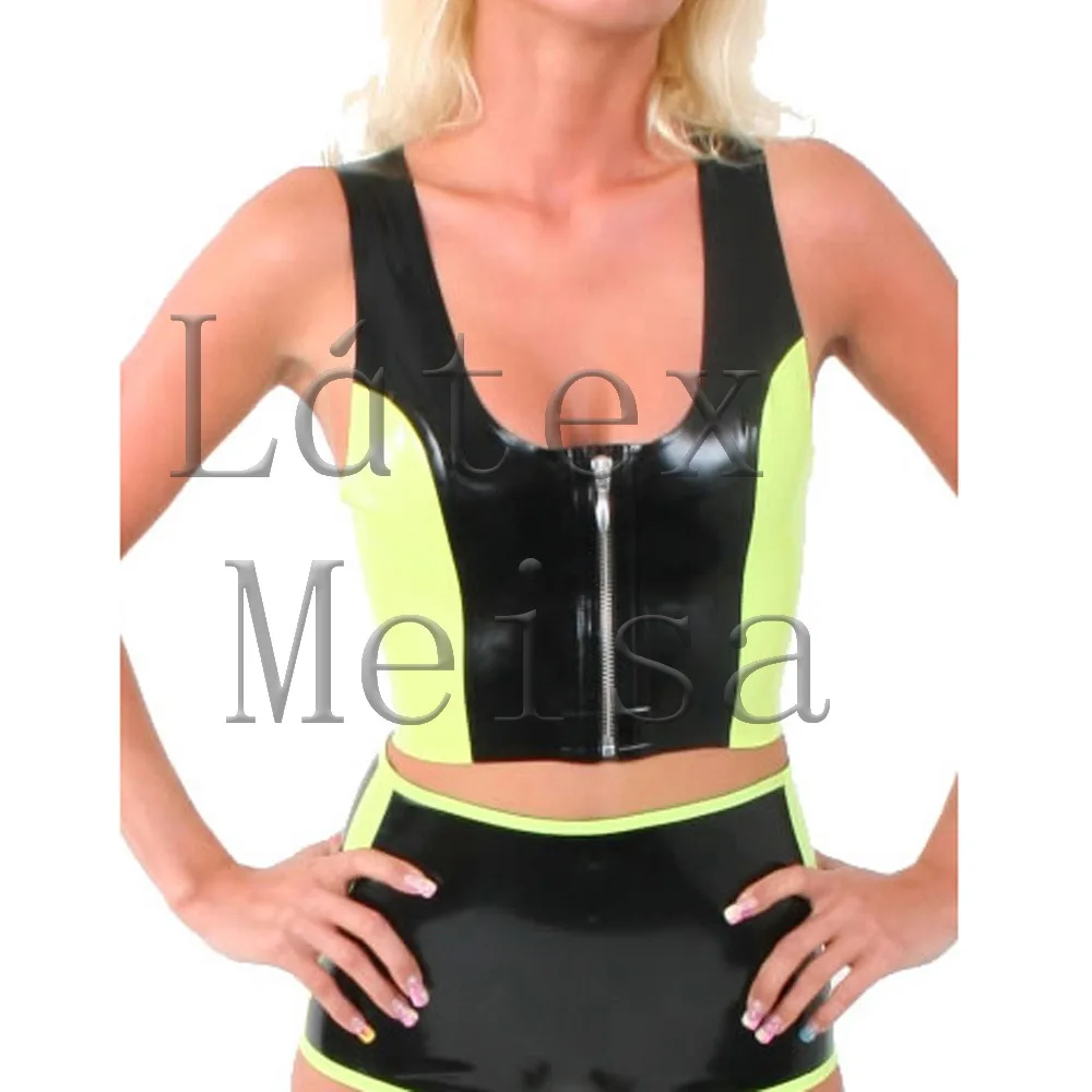 Handmade women's latex clothings set including latex short vest(with front zip) and shorts main in black with green trim colors