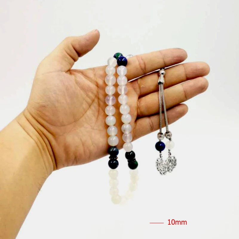 

Muslim misbaha luxurious Man's bracelets white agates tasbih with Lapis Lazuli beads gfit For Ramadan 33 66 99 Paryer beads