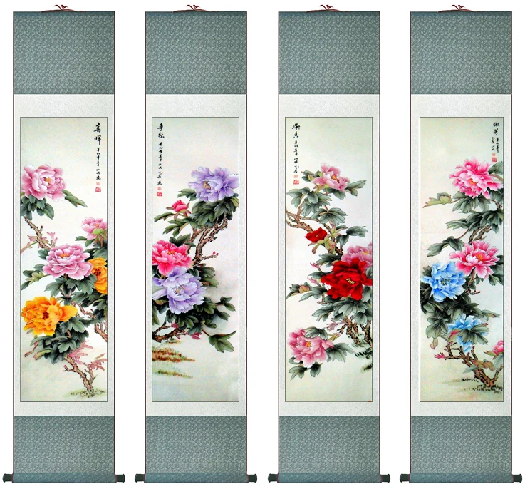 

4pc/lot flower painting silk scroll painting traditional flower painting Chinese flower picture In wash painting