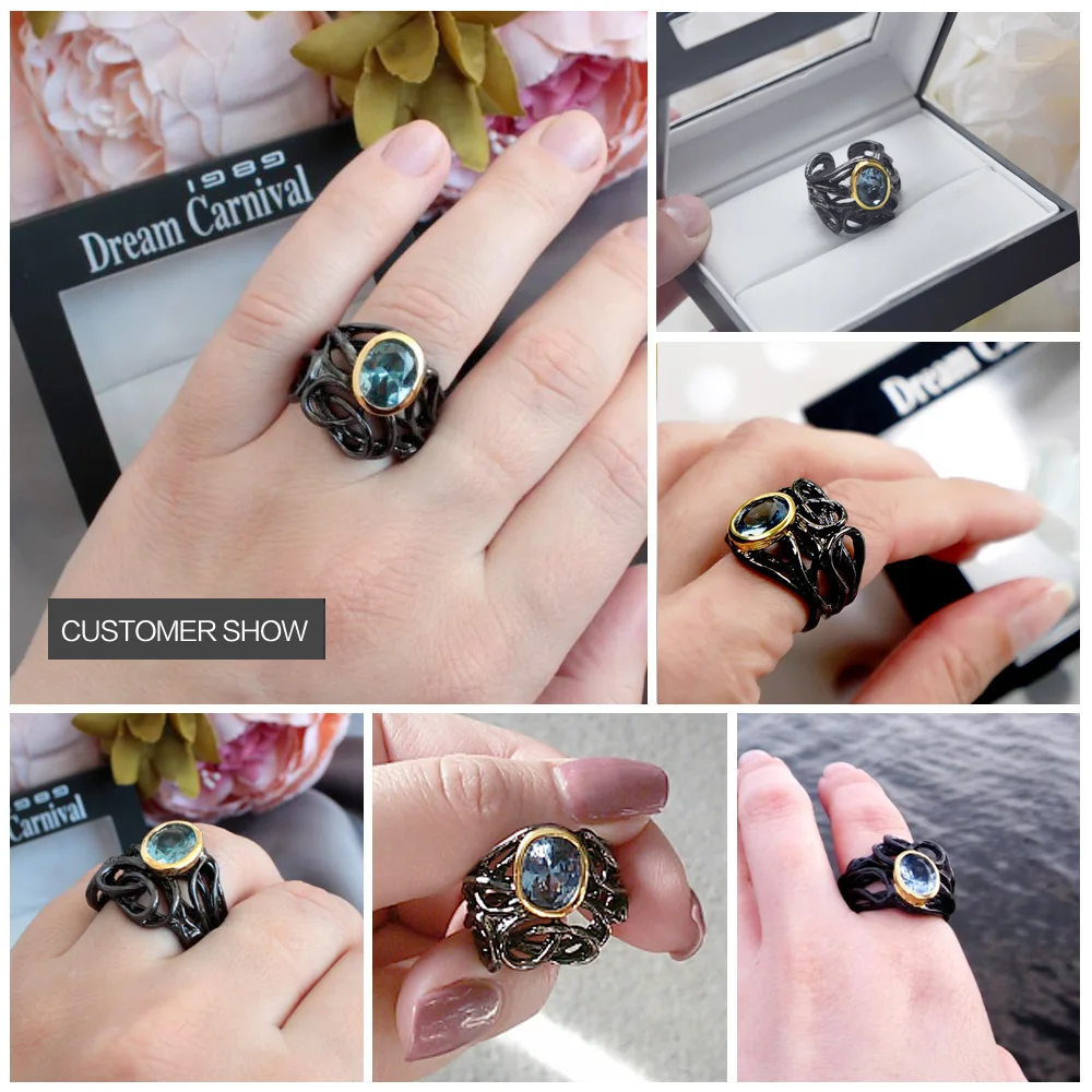 DreamCarnival 1989 Neo-Gothic Sea Blue Oval Zirconia Vintage Ring for Women Black Gold Color Bague Femme Wholesales WA11488