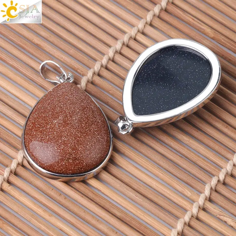 CSJA Natural Stone Pendants  Tiger Eye Pink Quartz Purple Crystal Lapis Necklace Water Drop Flat Bead Women Healing Jewelry F982