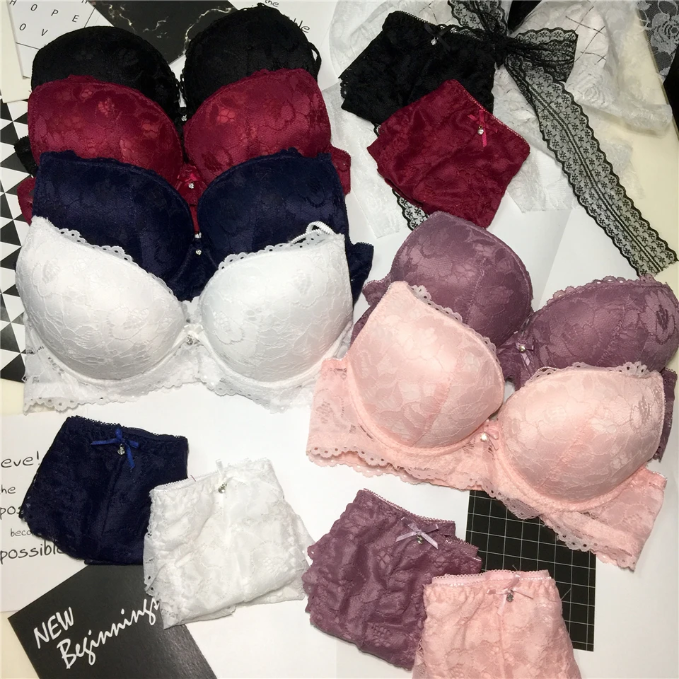 New Fashion Sexy Push Up Bra Set Deep V Bra Thick Lingerie Set Lace Women Underwear Set Cotton Comfortable A B Cup