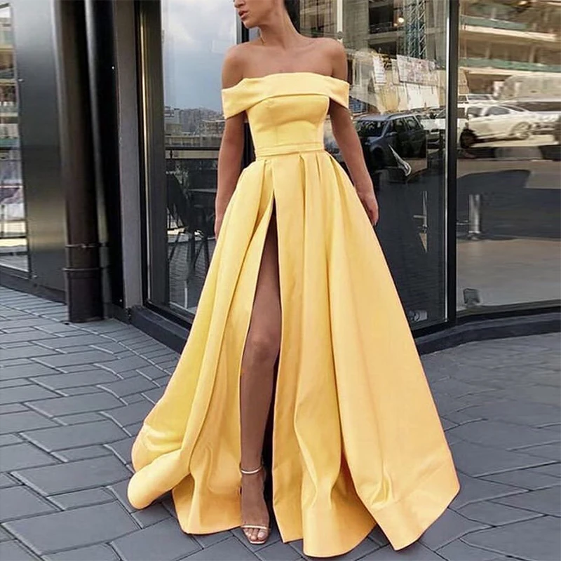 Off Shoulder A-lijn Prom Dresses Geel Satijn Lange Formele Party Dress 2019 Elegant Goedkope Voorkant Split Vrouwen Vestido De Formatura