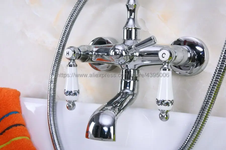 Chrome Brass Telephone Style Bathtub Faucet Wall Mounted Bath & Shower Mixer Taps Handheld Shower Set Bna204