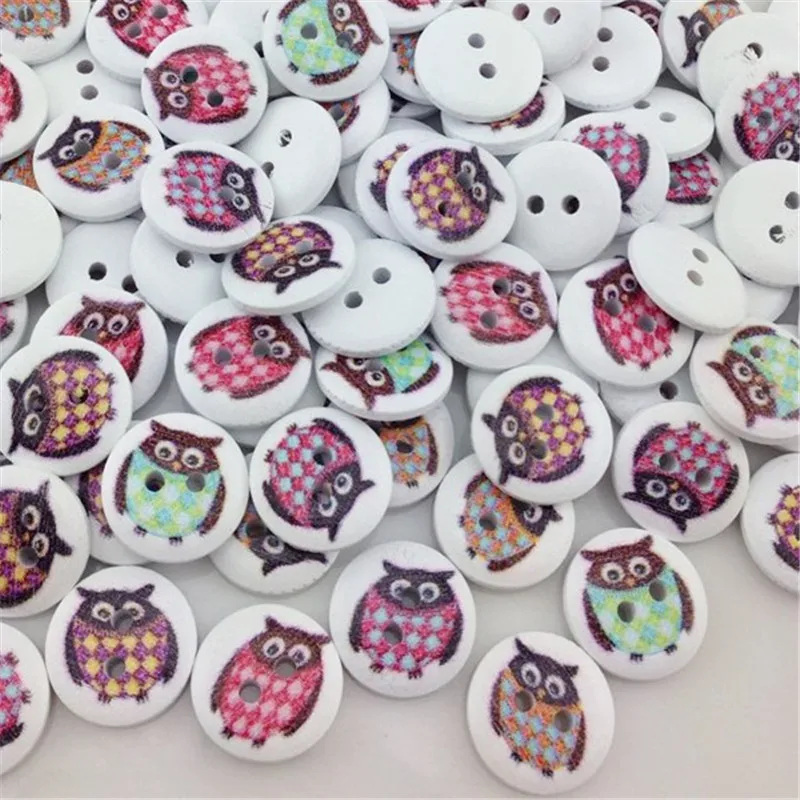 New 50/100pcs Cute Owl Wood Buttons 15mm Sewing Craft Mix Lots WB15