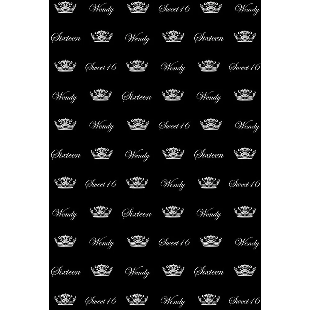 

Customized Texts and Name Sweet 16 Backdrop Black Printed Crowns Happy Sixteen Birthday Party Photo Background Personalized