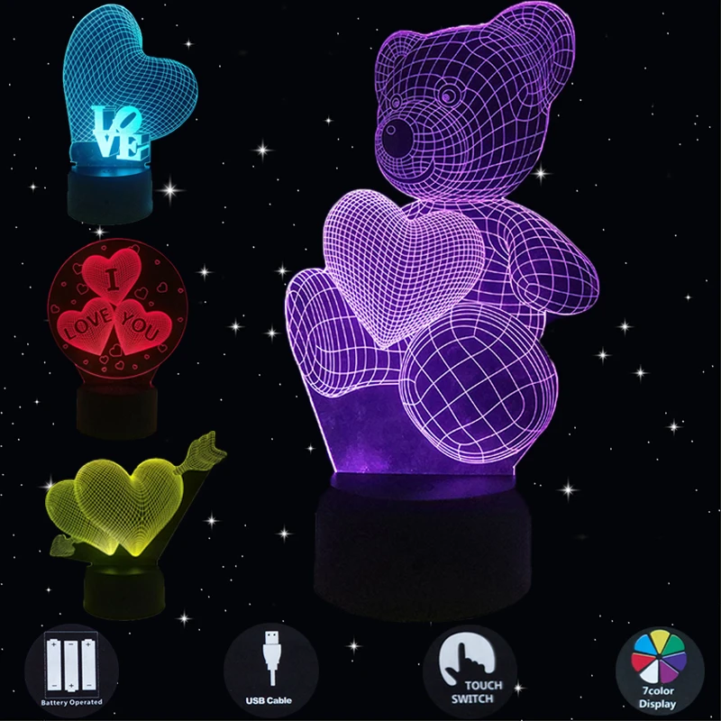 Illusion Love Bear Table Lamp Christmas Lover Gifts 3D Night Light with USB LED 7 Colors Change Touch Decorative Home Lighting