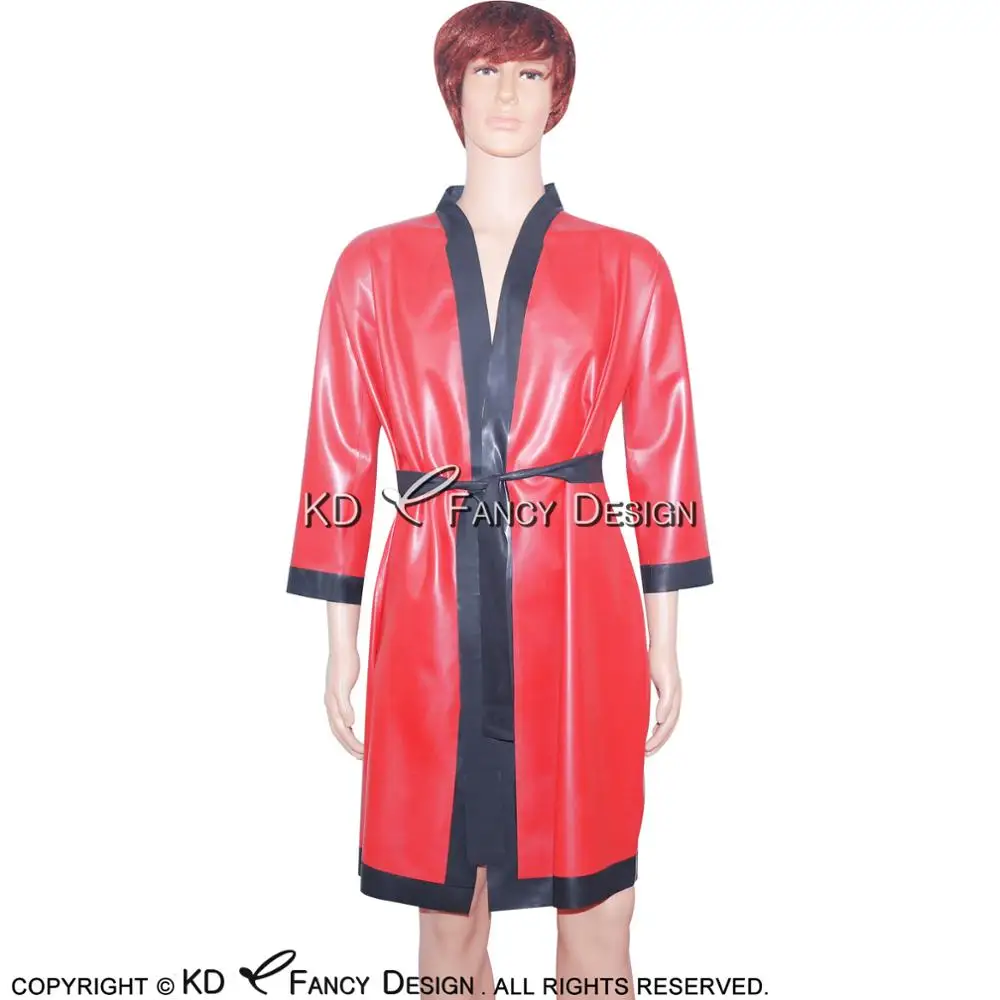 Red And Black Sexy Latex Robe With Belts Rubber Sleepwear Jacket Top Gown Pajamas YF-0005