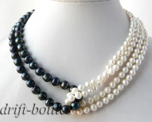 

4Strands 18'' Round 6mm White 8mm Black Freshwater Pearl Necklace