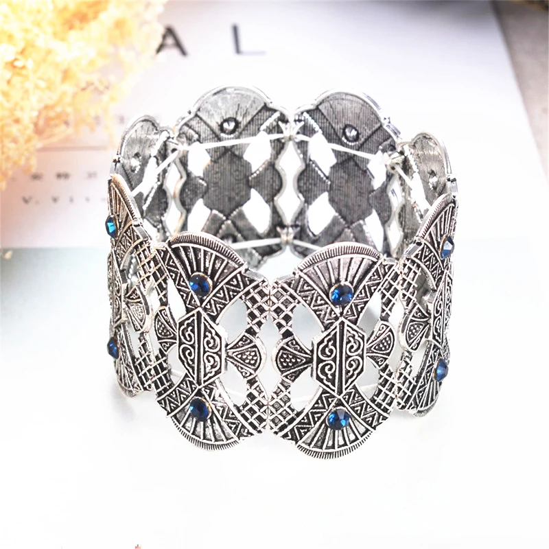 Wide Adjustable Strand Bracelet For Women Brand Carving Flower Metal Marcasite Bracelet & Bangles Vintage Jewelry