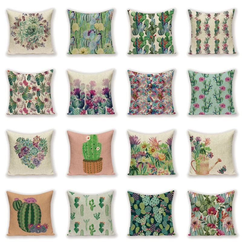 Cartoon Cushion Cover Cactus Pillow Vintage Decorative Living Room Cushions Flower Decor Throw Pillows Green Pillowcase 45*45
