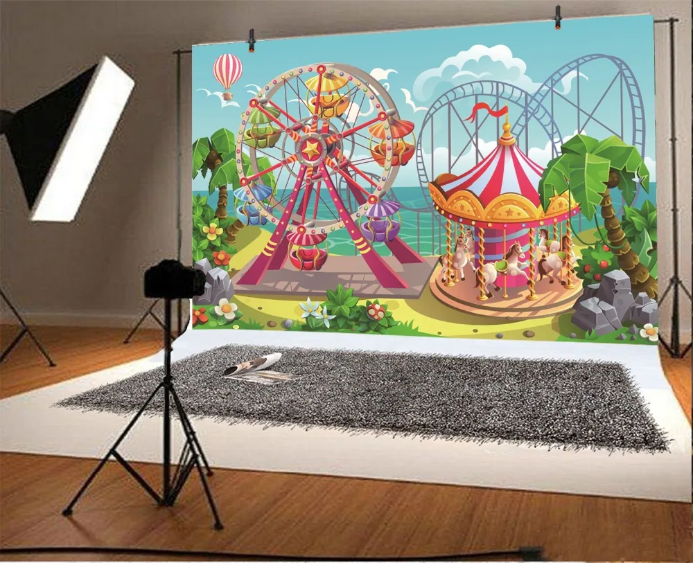 Laeacco Vinyl Backdrops Baby Cartoon Amusement Funfair Carousel Park Portrait Photographic Backgrounds Photocall Photo Studio