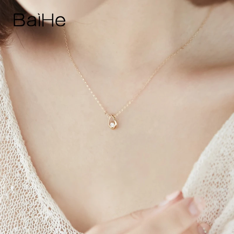 BAIHE Solid 18K Yellow Gold 0.14ct H/SI Natural Diamond Drop type Necklace Women Men Fine Jewelry Making Drop typ Halsband