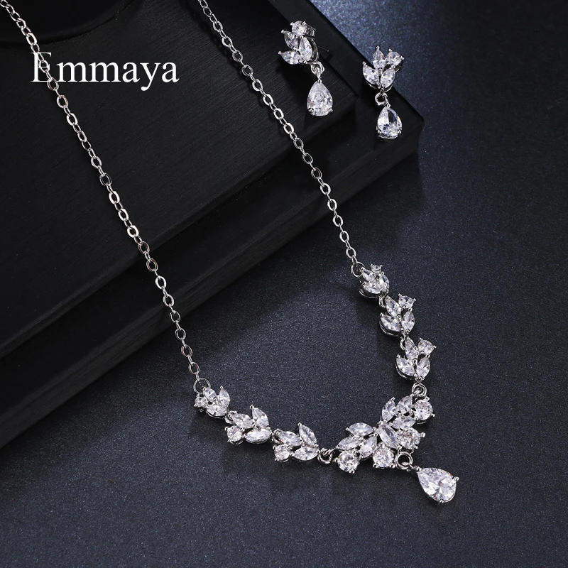 Emmaya Brand Gorgeous Charm Flower Shape Cubic Zircon Crystal Earrings Necklace Set For Women Bride Jewelry Gift