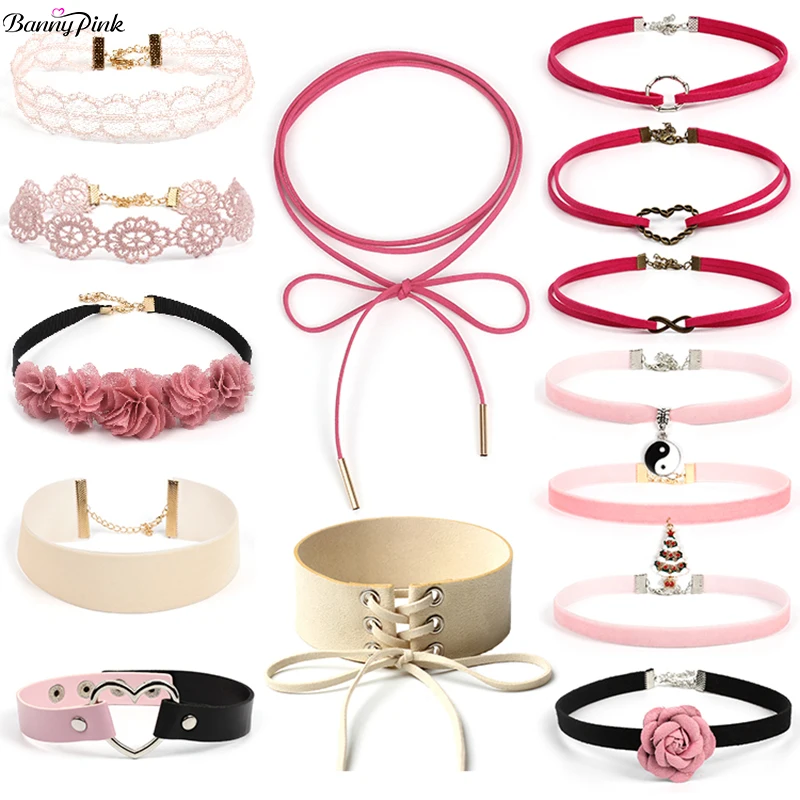 14 Pieces Sweet Pink Rope Chain Choker Collar Cute Flower Heart Pendant Choker Necklace Lace Chokers Fashion Women Necklace