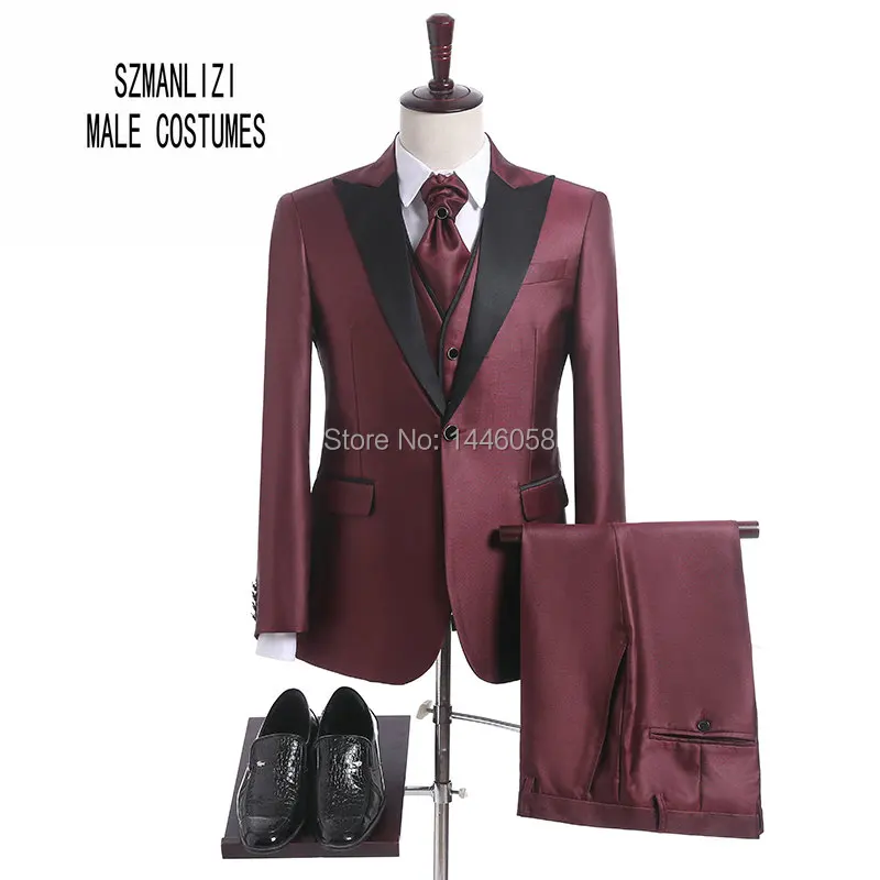 

Brand Men Suit 2018 Custom Made Prom Wedding Suits For Men Peaked Slim Fit Burgundy Groom Suit Mens Tuxedo (Jacket+Vest+Pant+Tie