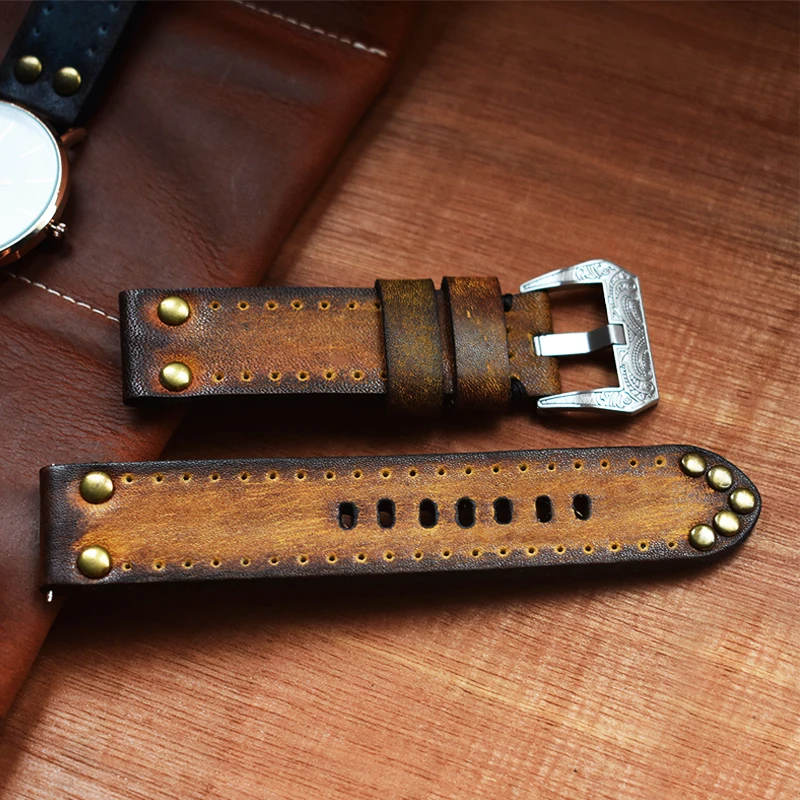 Onthelevel Classical Soft Leather Watch Strap With Rivets 18mm 20mm 22mm Vintage Watchband With Carved Buckle #C