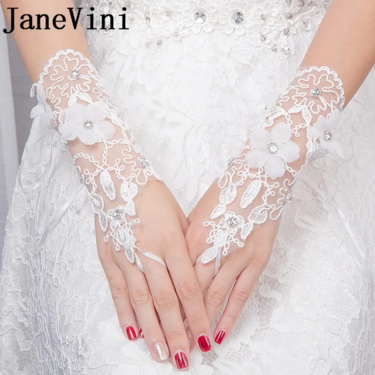 JaneVini White Lace Bridal Gloves with Beads Gant Mariage Short Fingerless 3D Flowers Sexy Women Brides Party Wedding Gloves