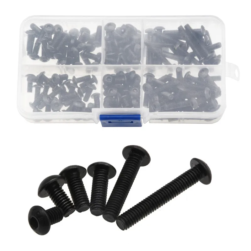 170PCS Black Round Head Hex Socket Screws Set M4*6/8/10/12/20/25 Hexagon Screw 304 Stainless Steel Assortment Kit For Connection