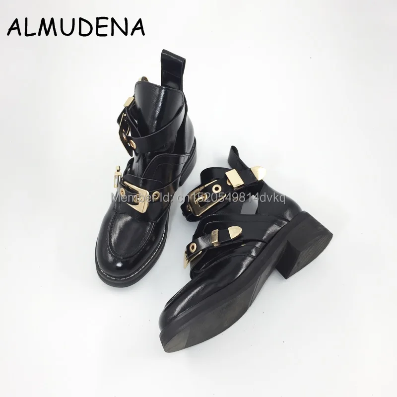 hot cut-out leather ankle boots gold-tone metal hardware boot punk shoes classic Biker boots round toe women motorcycle boots