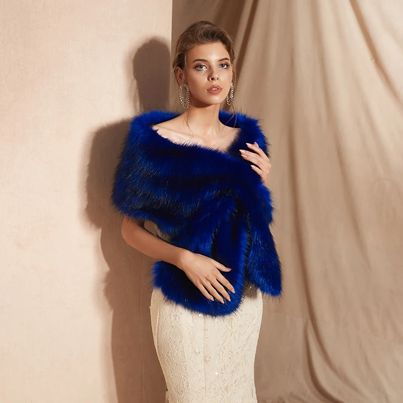 JaneVini Fashion Royal Blue Winter Faux Fur Shawl Bridal Wrap Cloak Women Bolero Fourrure Shrug Warm Outwear Wedding Accessories